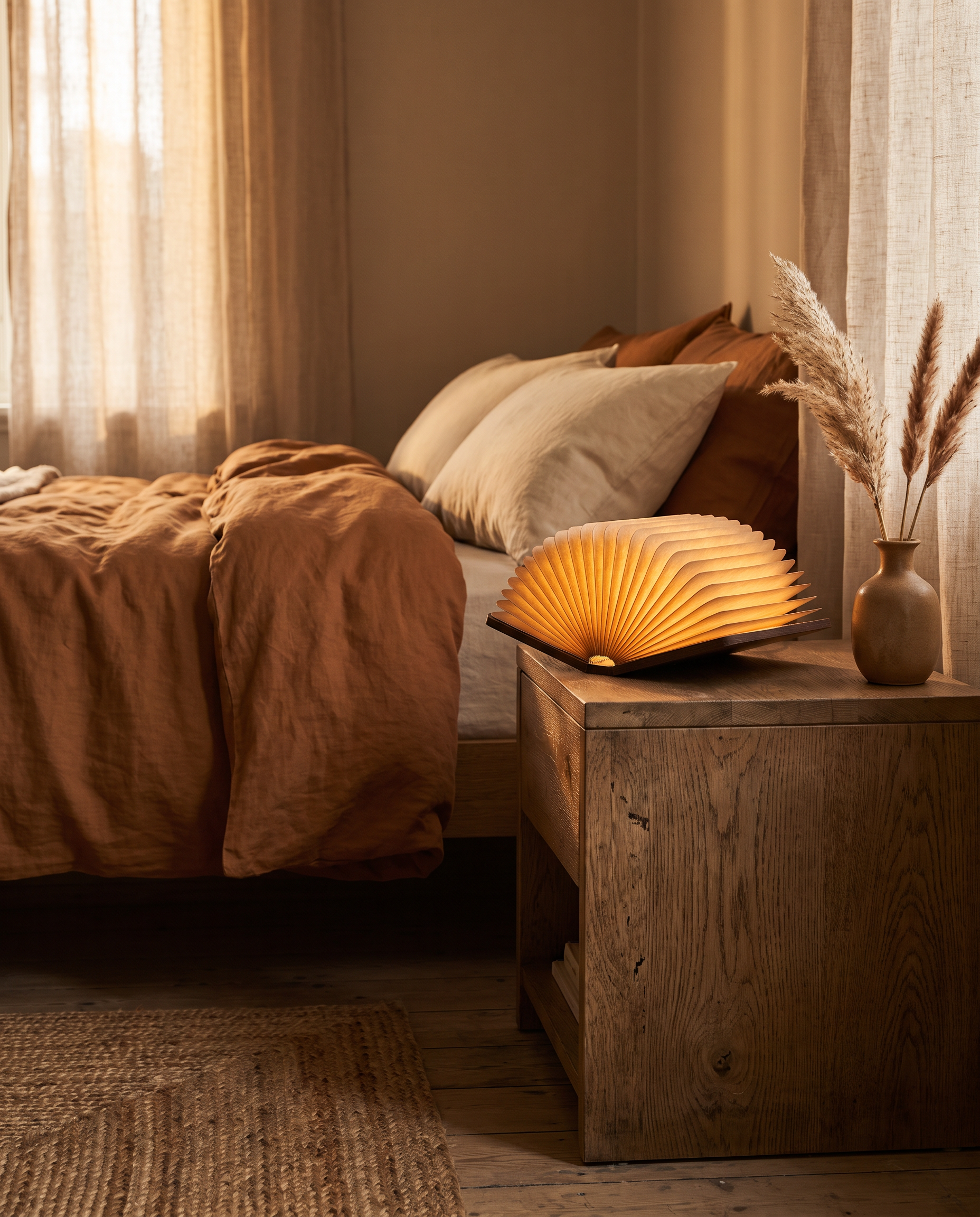 Lámpara libro de madera plegable Casa Ocre, luz cálida en mesilla de noche estilo hogar acogedor
